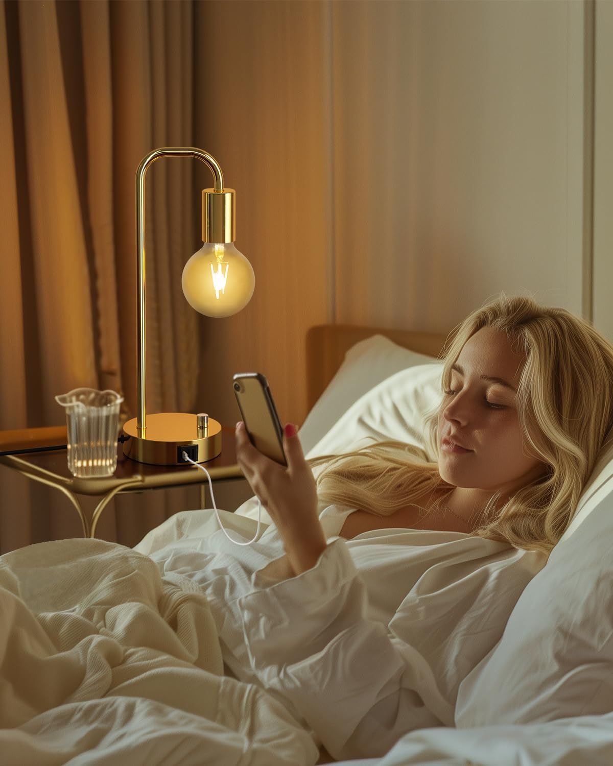 ONEWISH Industrial Table Lamp with 2 USB Port, Stepless Dimmable Nightstand B...