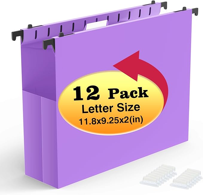 Shutex Extra Capacity Plastic Hanging File Folders, 12 Pack Reinforced by Shutex