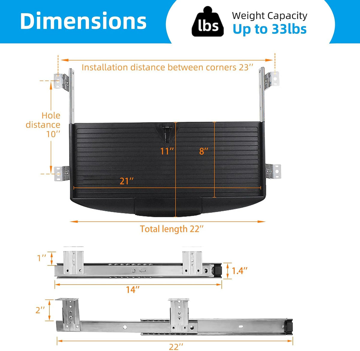 22"Wx11"D Under Desk Keyboard Tray Slide Out, Pull Out Keyboard Tra...