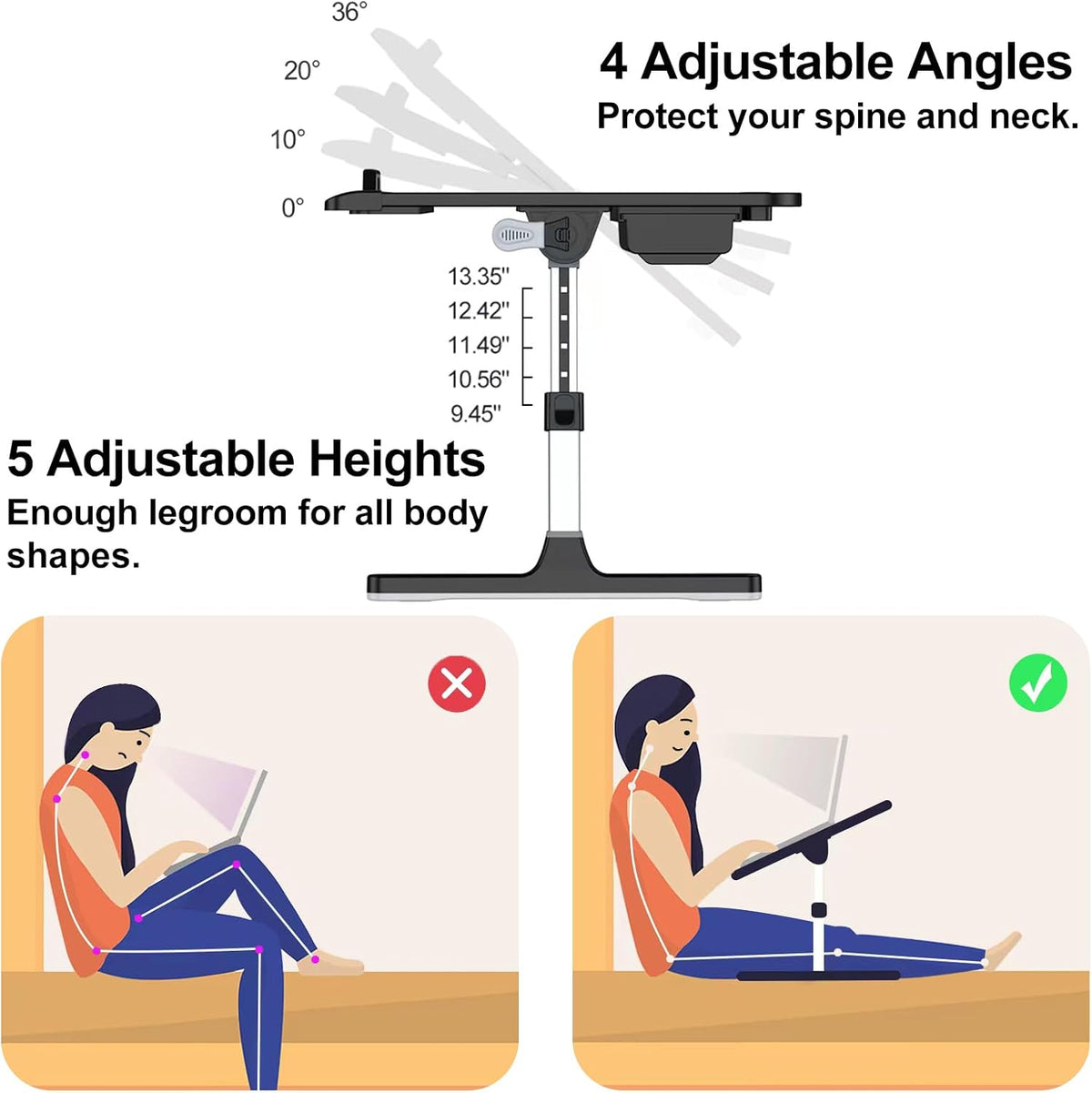 HETTHI Bed Laptop Table Adjustable Foldable Laptop Stand 23.60×15.7in Black