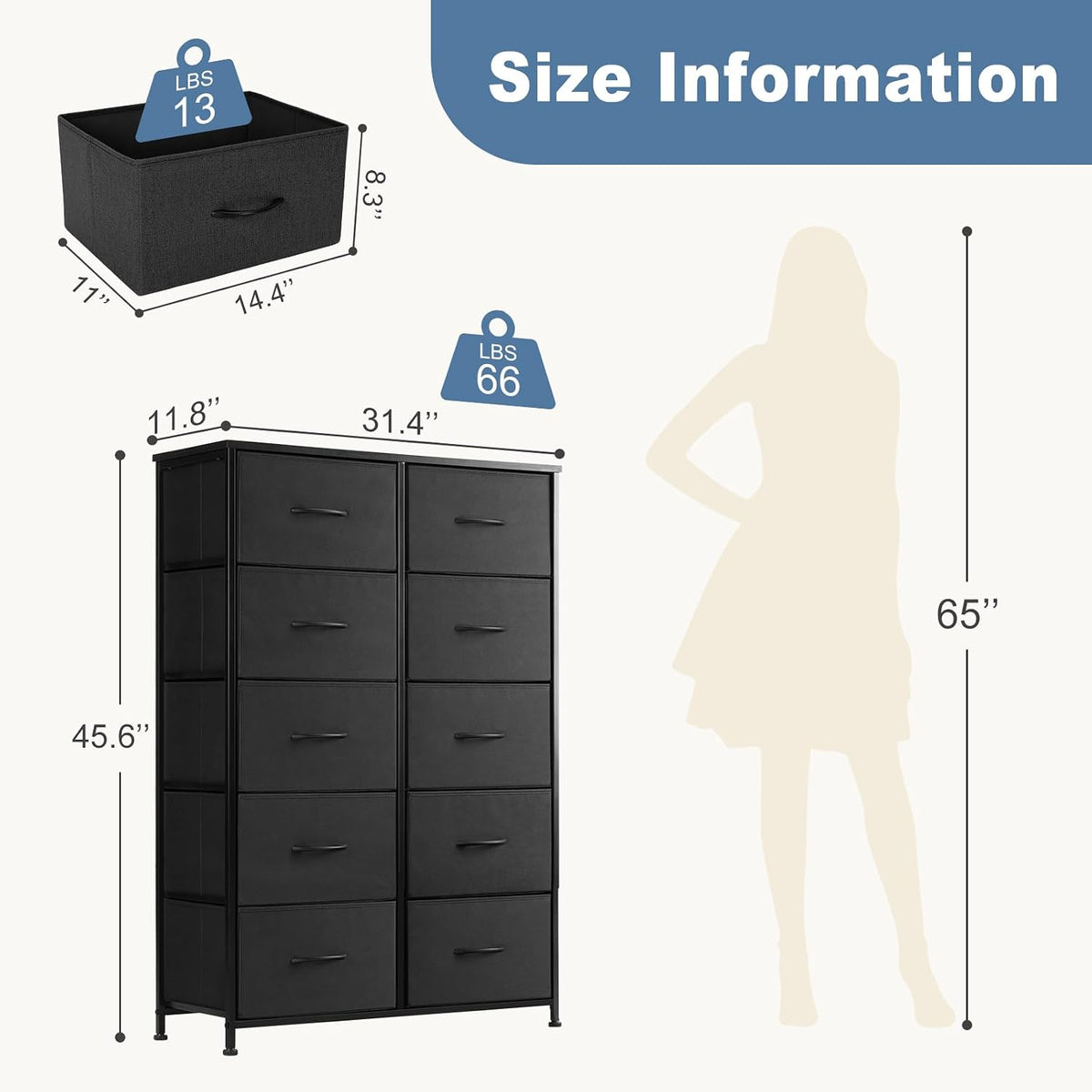 DUMOS 10 Drawer Tall Dresser for Bedroom & Living Room, Black