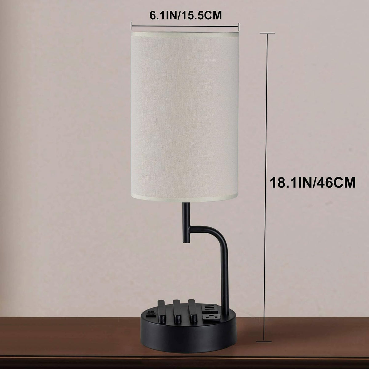 dreamholder table lamp with 3 usb charging ports showing dimensions