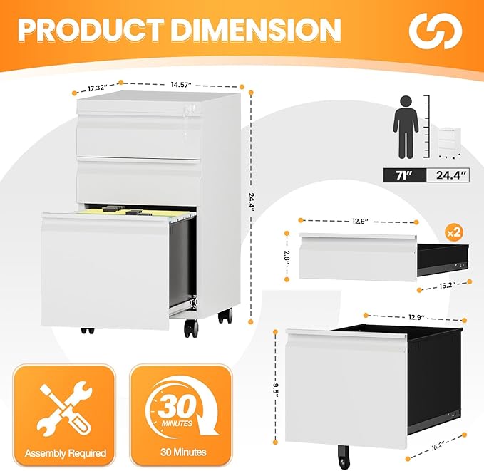 AFAIF 3 Drawer Mobile File Cabinet - Image 3