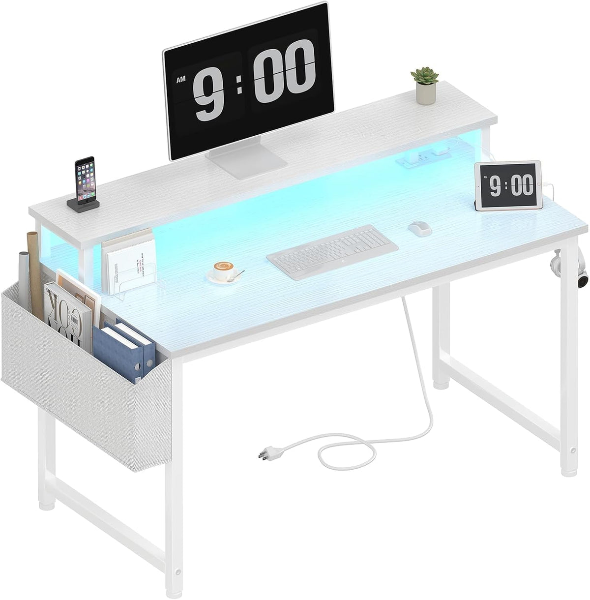 Lufeiya White Computer Desk with LED Lights and Power Outlets, 40 Inch Home O...
