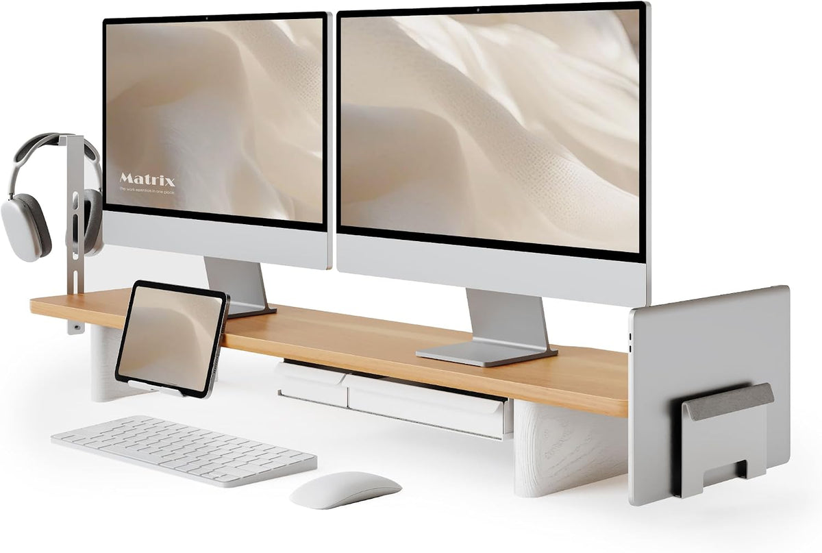 Fenge Modular Dual Monitor Stand Riser with Solid Ash Wood Leg, 42.5" Oak