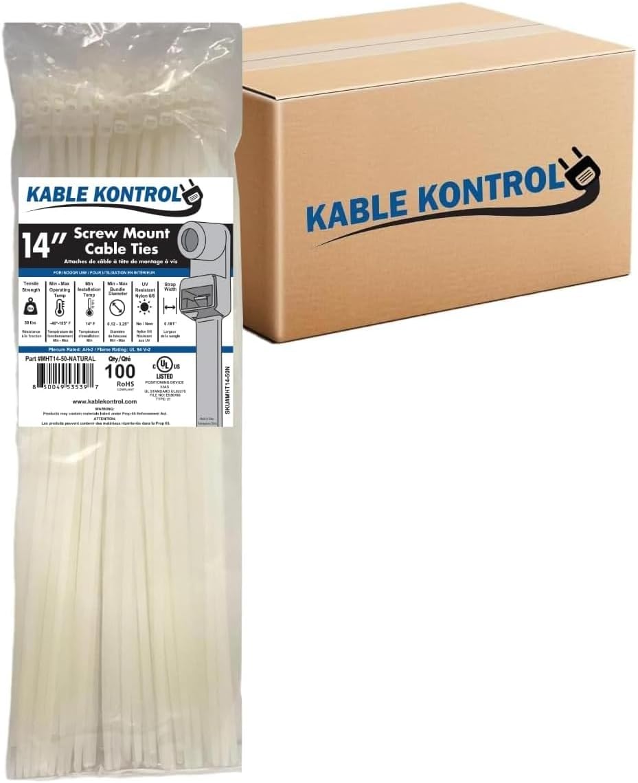 Kable Kontrol Screw Hole Zip Ties 14 Inch 5000 Pcs Natural White 50lbs Test