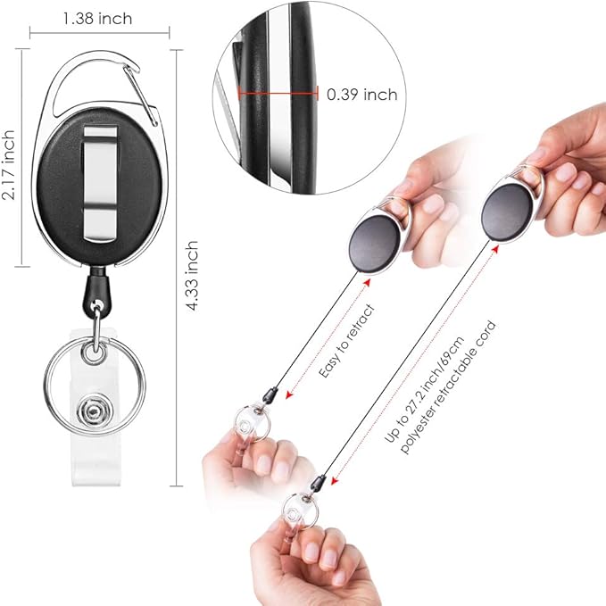 Retractable Badge Holder with Carabiner Reel Clip and Key Ring - Image 3