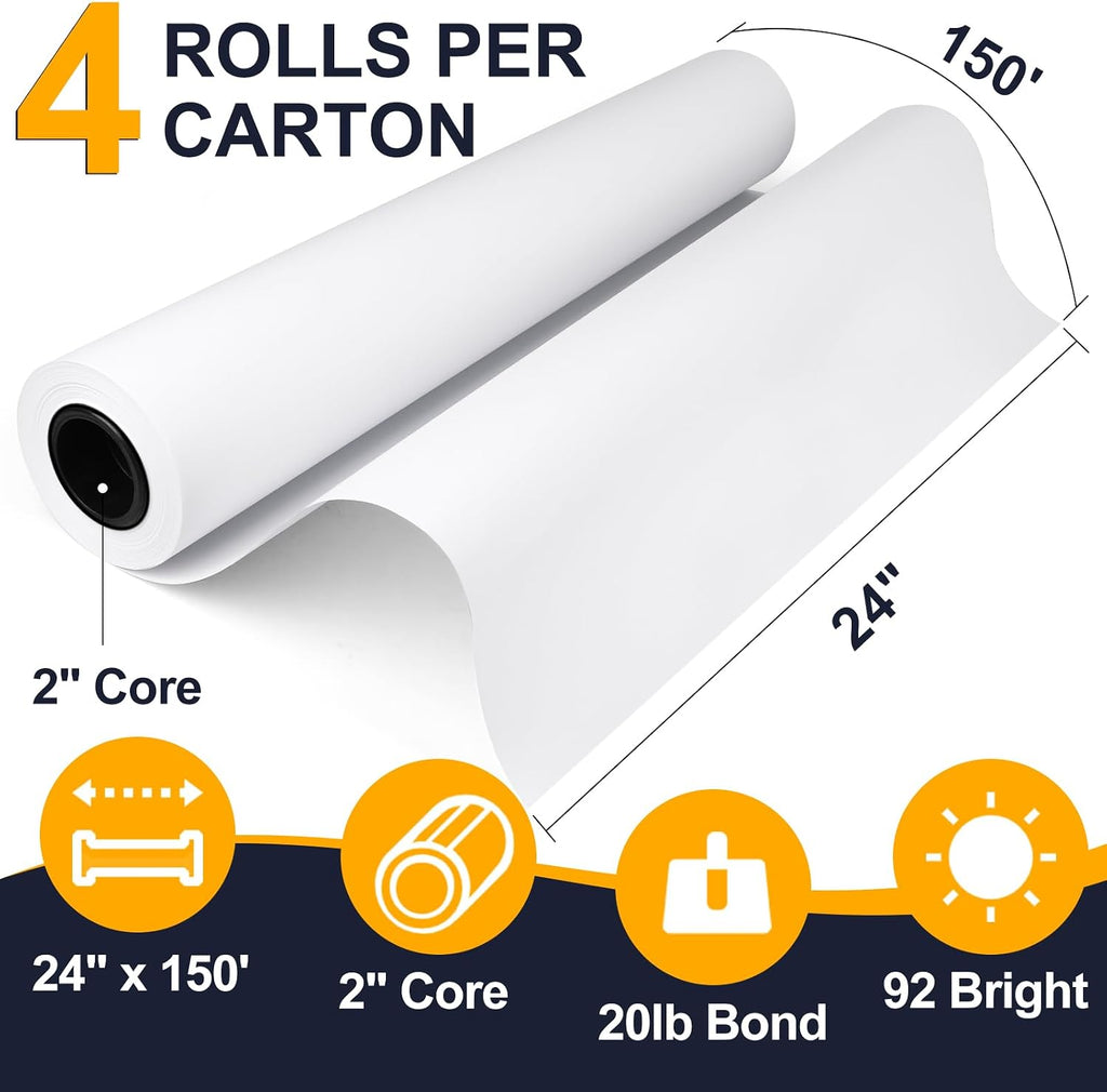 VOISEN Wide Format Paper,4 Rolls Plotter Paper 24 In x 150 Ft, CAD Bond Rolls,20lb,Bond Paper on 2" Core for CAD Printing on Wide Format Ink Jet Printers