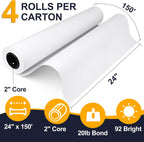 VOISEN Wide Format Paper,4 Rolls Plotter Paper 24 In x 150 Ft, CAD Bond Rolls,20lb,Bond Paper on 2" Core for CAD Printing on Wide Format Ink Jet Printers