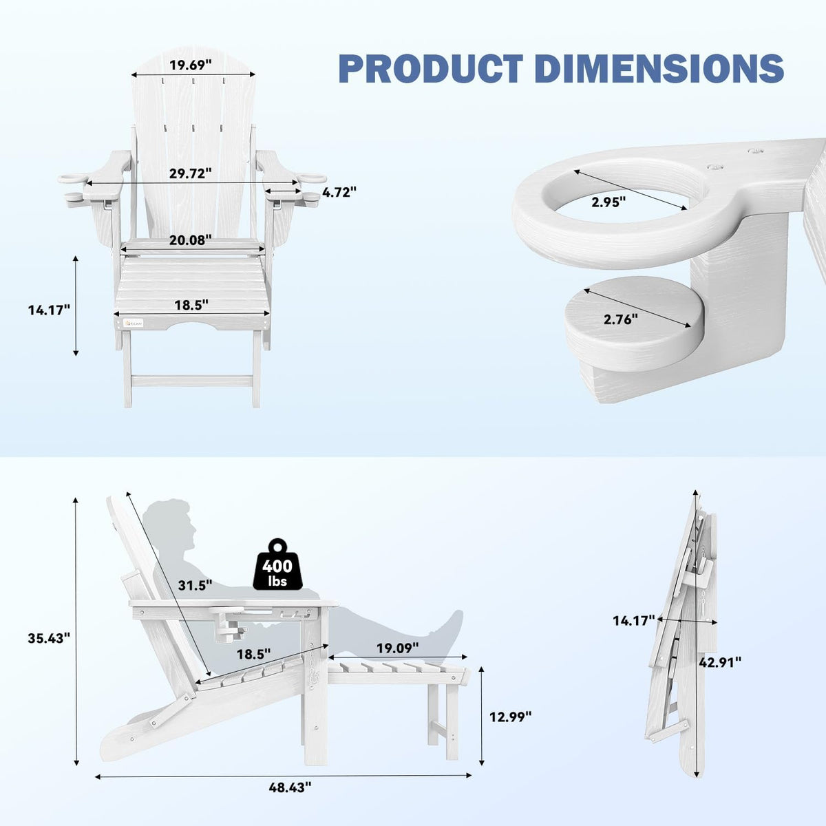 Mdeam HDPE Folding Adirondack Chairs Set of 2, 3-Position 400 lbs, White