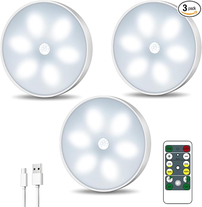 LED Closet Motion Sensor Step Lights, USB Rechargeable Battery Operated Puck by BringYouWarmLightingCare