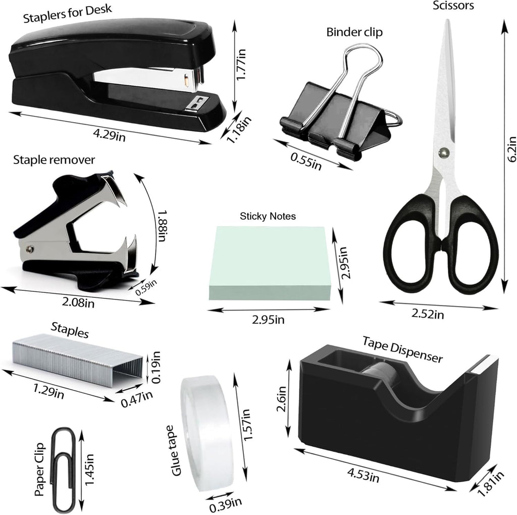 black desk organizer set, office supplies with stapler shown in use