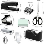 black desk organizer set, office supplies with stapler shown in use