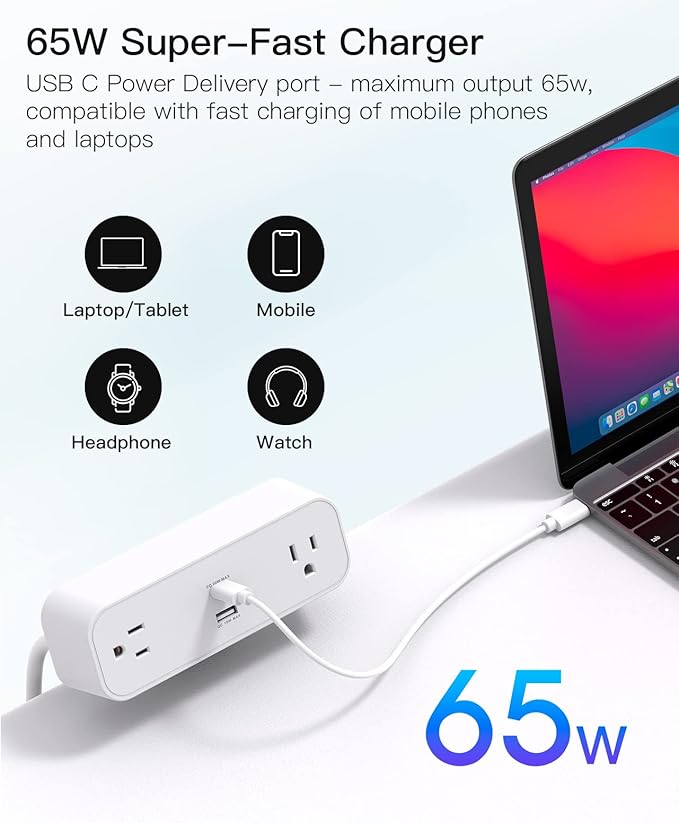 Desk Clamp Power Strip, 65W 10ft Extension Cord- 2 Outlets Desktop Power Strip - Image 3