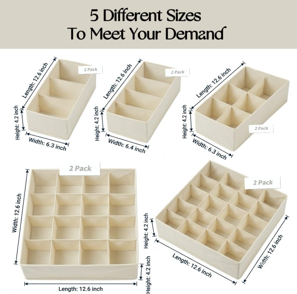Lourome Underwear Drawer Organizer, 10-Pack, for Socks, Bras, Off-White