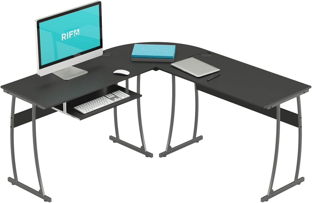 RIF6 L-Shaped Modern Gaming Desk, Keyboard Tray & Cable Management, Black