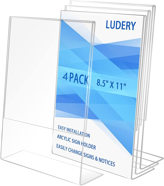 Ludery 8.5x11 Inches Acrylic Sign Slant Back Holder, Plastic Display Stand by Ludery