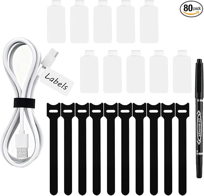 80-Pack Reusable Cable Labels & Cord Ties Kit – Write-On Wire Labels, Snap Ties by Unknown