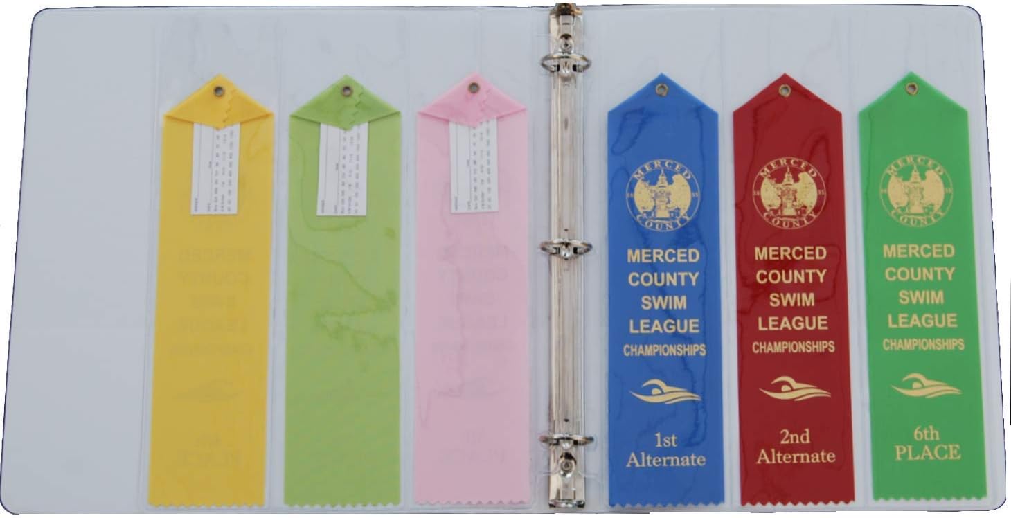 10 Swimming Large Ribbon Award Binder Pages Organizer Holder Storage – USA | Ribbons up to 2.5”x11” Thick Robust Crystal Clear Display Original USA Inventor Track Gymnastics Dog Shows Sport Competition