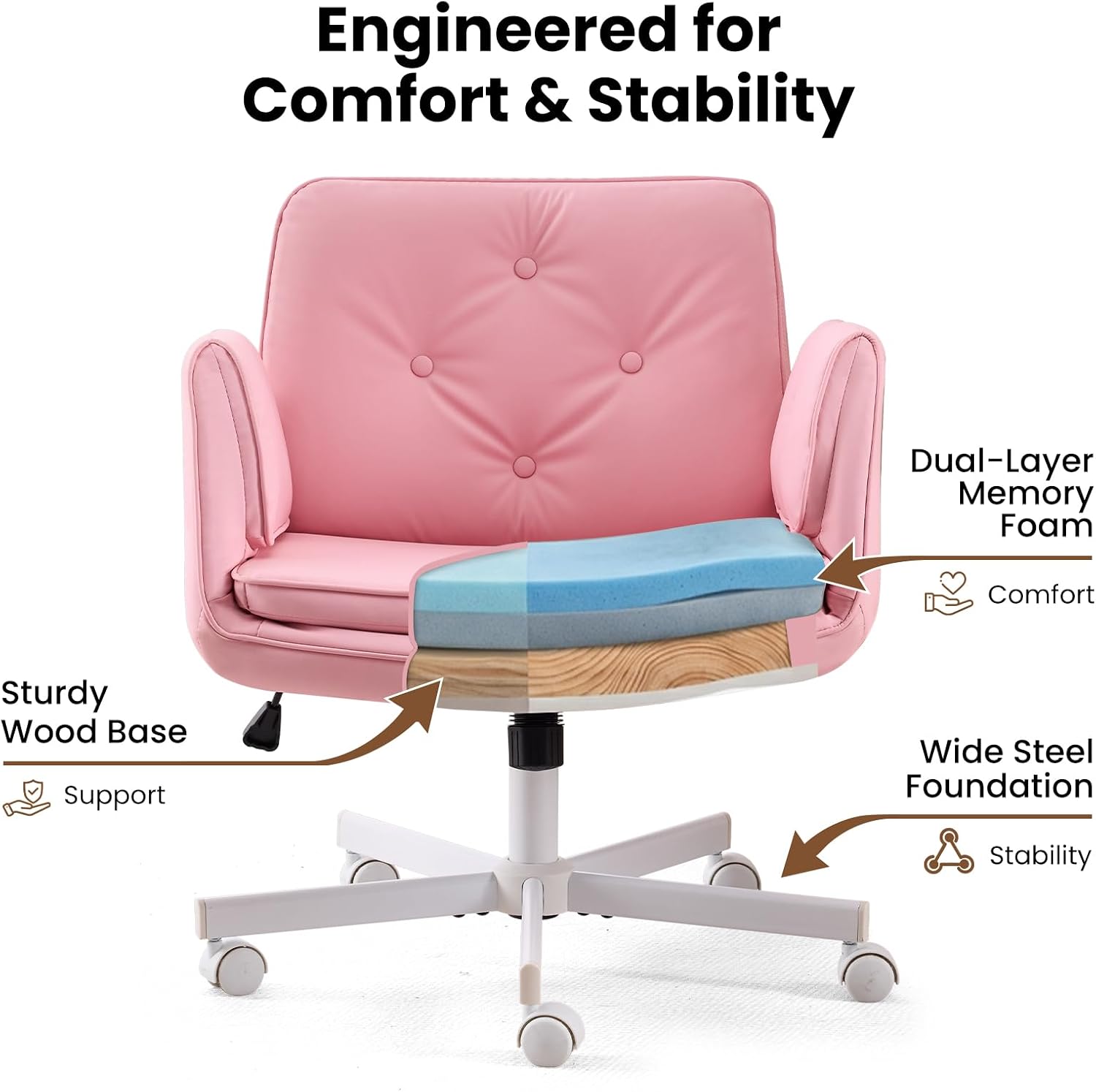 MOJAY Velvet Office Swivel Chair, Vanity Chair, Fabric Desk Chair, Pretty Fancy Chair, Gold Office Chair for Girls, 360°Swivel Height Adjustable Reception Chair (Pink PU)