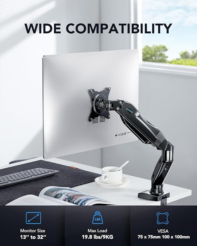HUANUO Single Monitor Mount, 13 to 32 Inch Monitor Arm, Adjustable Monitor Stand - Image 2