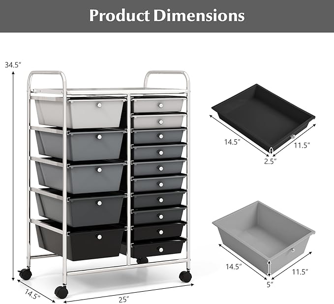 DORTALA 15-Drawer Rolling Storage Cart - Image 3