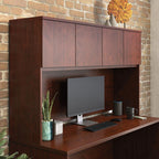60 Inch Desk Hutch with Storage Cabinets, Office Hutch Organizer for Desk, Wood Desktop Shelf with Doors and Open Workspace for Computer Setup, Modern Brown Finish, Space-Saving Design