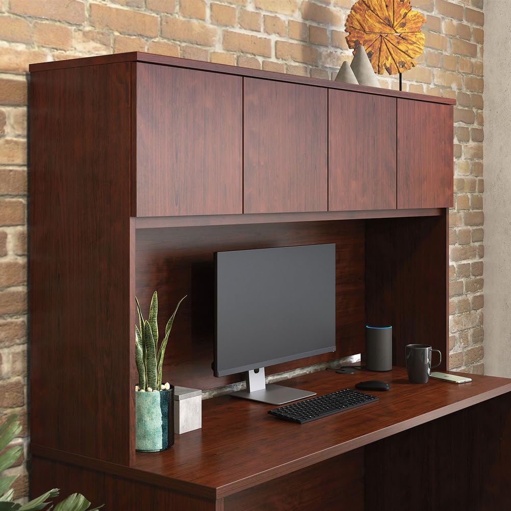 60 Inch Desk Hutch with Storage Cabinets, Office Hutch Organizer for Desk, Wood Desktop Shelf with Doors and Open Workspace for Computer Setup, Modern Brown Finish, Space-Saving Design