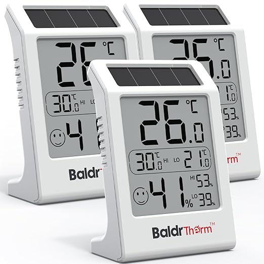 BaldrTherm Room Thermometer Indoor Humidity Meter, Solar-Powered 3.2'' Digital by BaldrTherm