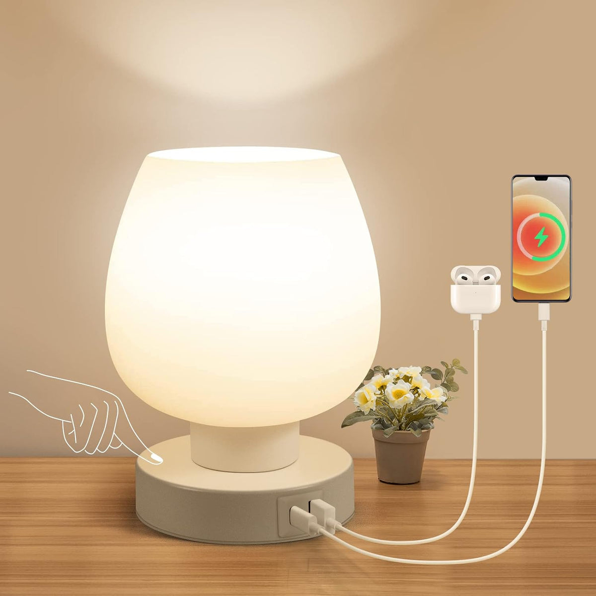 Touch Bedside Table Lamp - Small Lamp for Bedroom with USB C+A Charging Ports...