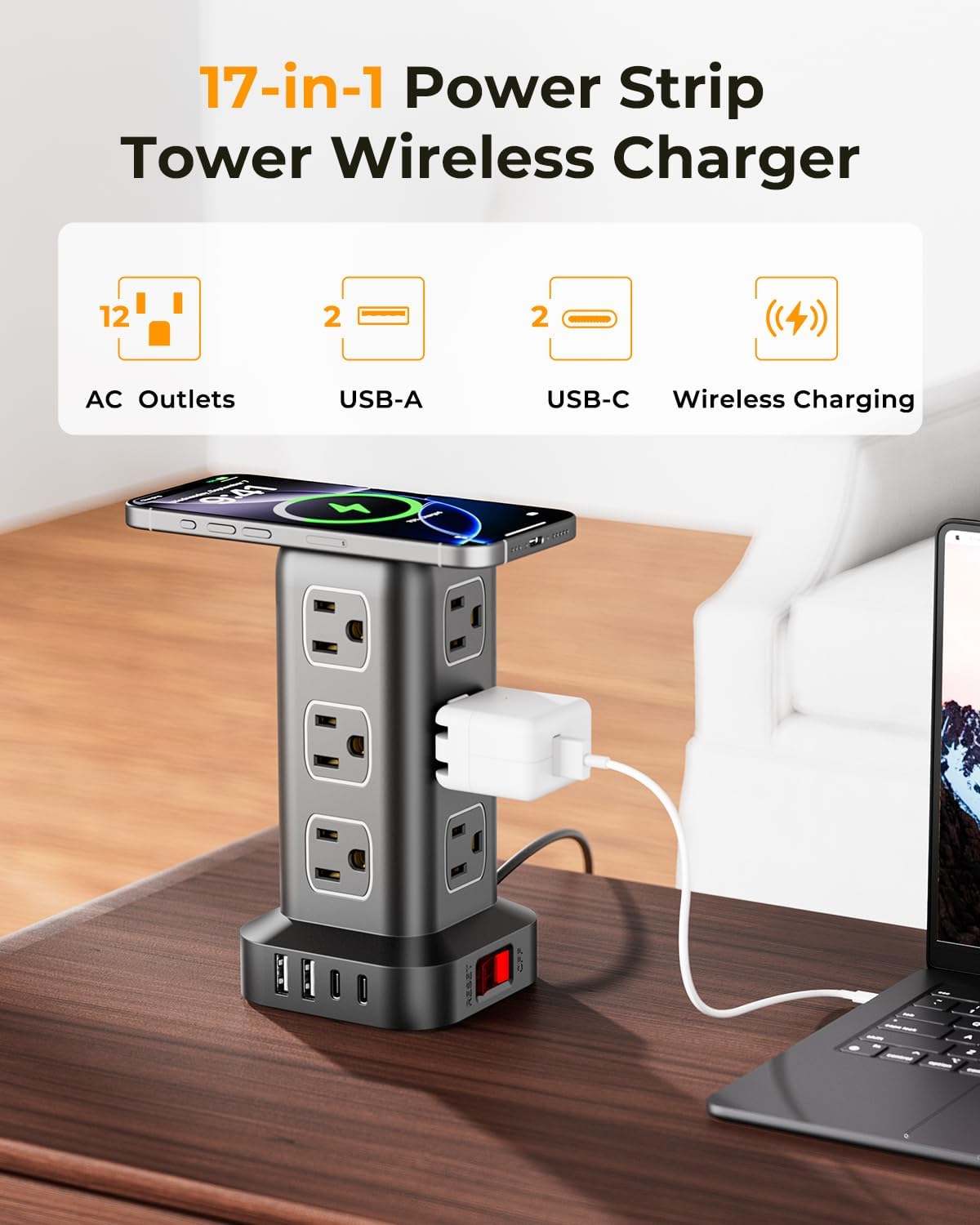 Power Strip with 12 Outlets 4 USB (1 USB C), 6.5Feet Extension Cord with Mult...