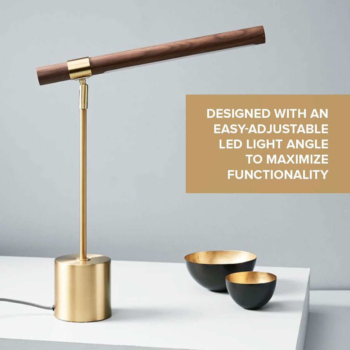 Modern Banker Slim Table Lamp - LED Desk Light - Wood Brass Lamp - Adjustable...