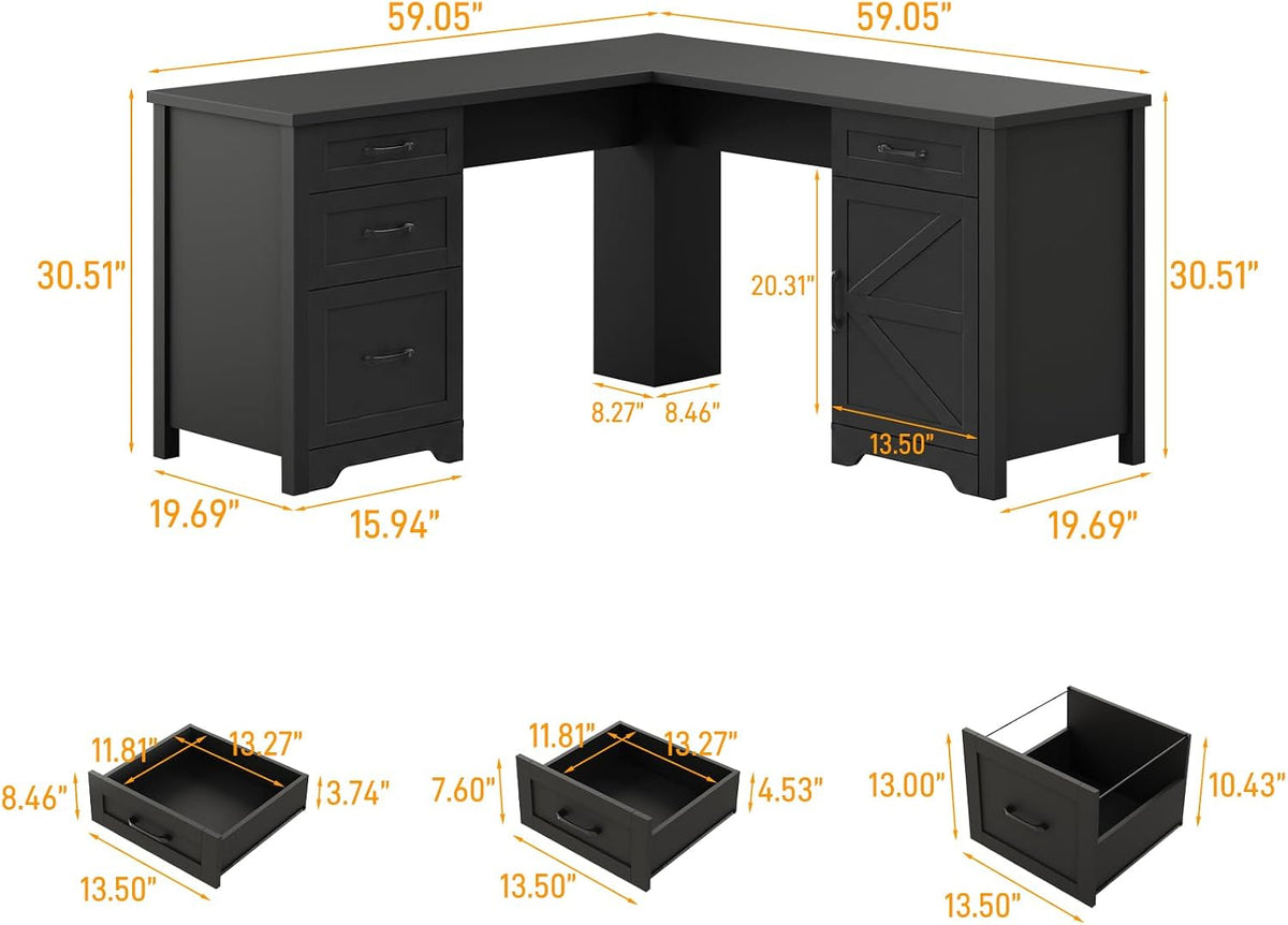 Vabches 59” Farmhouse L Shaped Executive Desk with File Drawer, Black