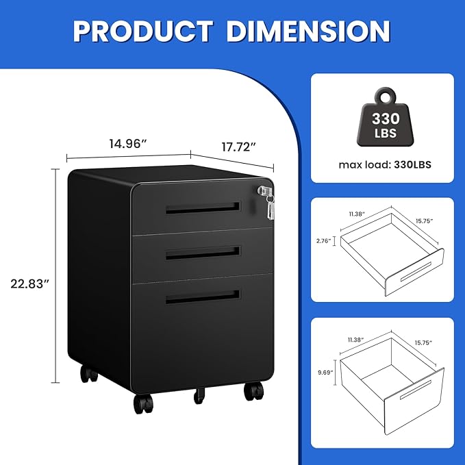 MIIIKO Mobile Filing Cabinet 3 Drawer, Rolling Small File Cabinet - Image 3