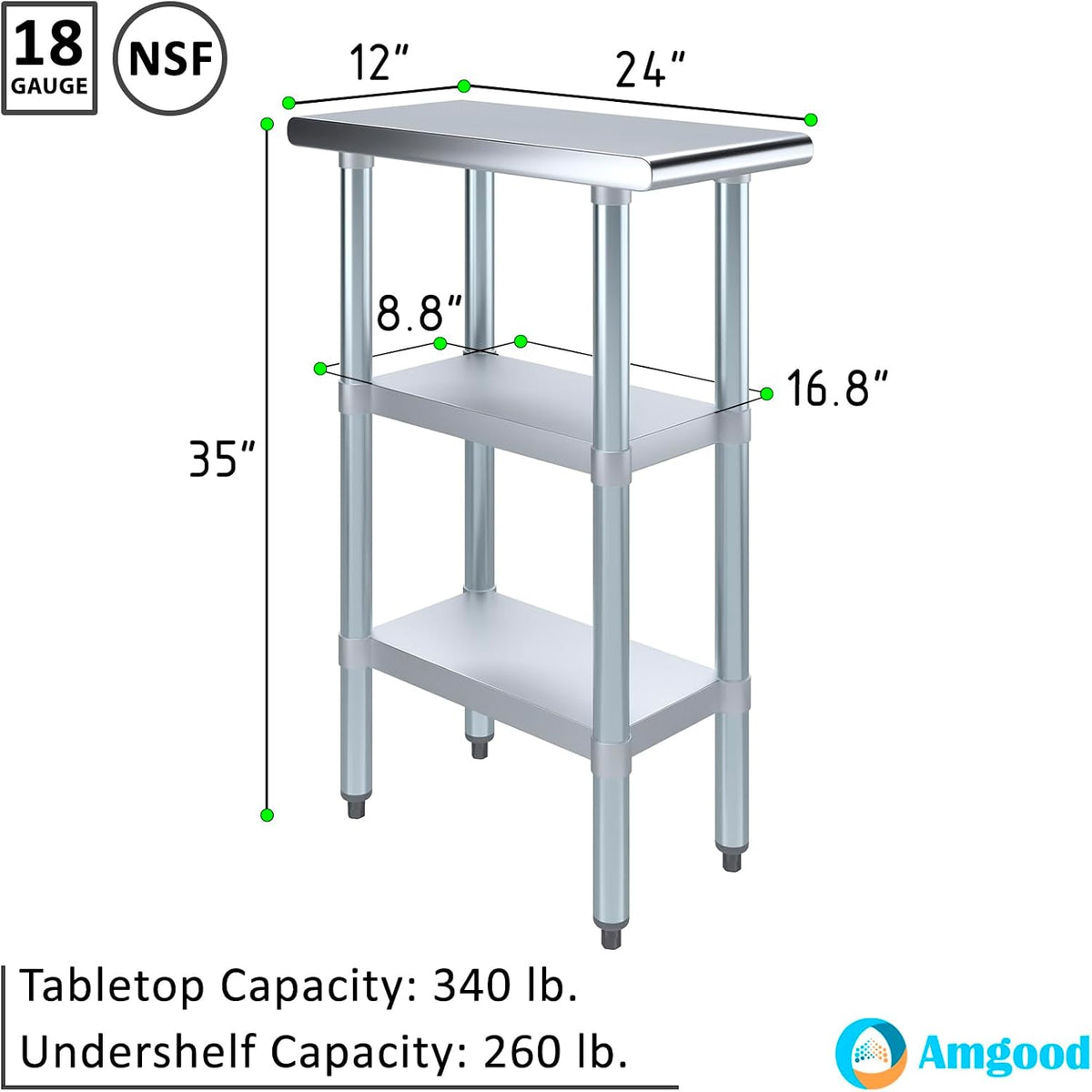 AmGood 12 x 24 in. Stainless Steel Work Table with 2 Shelves, NSF