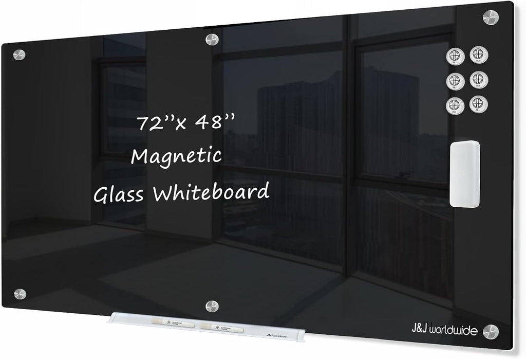 J&J worldwide Glass Whiteboard 6' x 4', Magnetic Black Glass Dry Erase Board