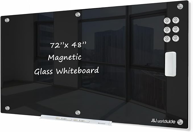 J&J worldwide Glass Whiteboard 6' x 4', Magnetic Black Glass Dry Erase Board by JJworldwide