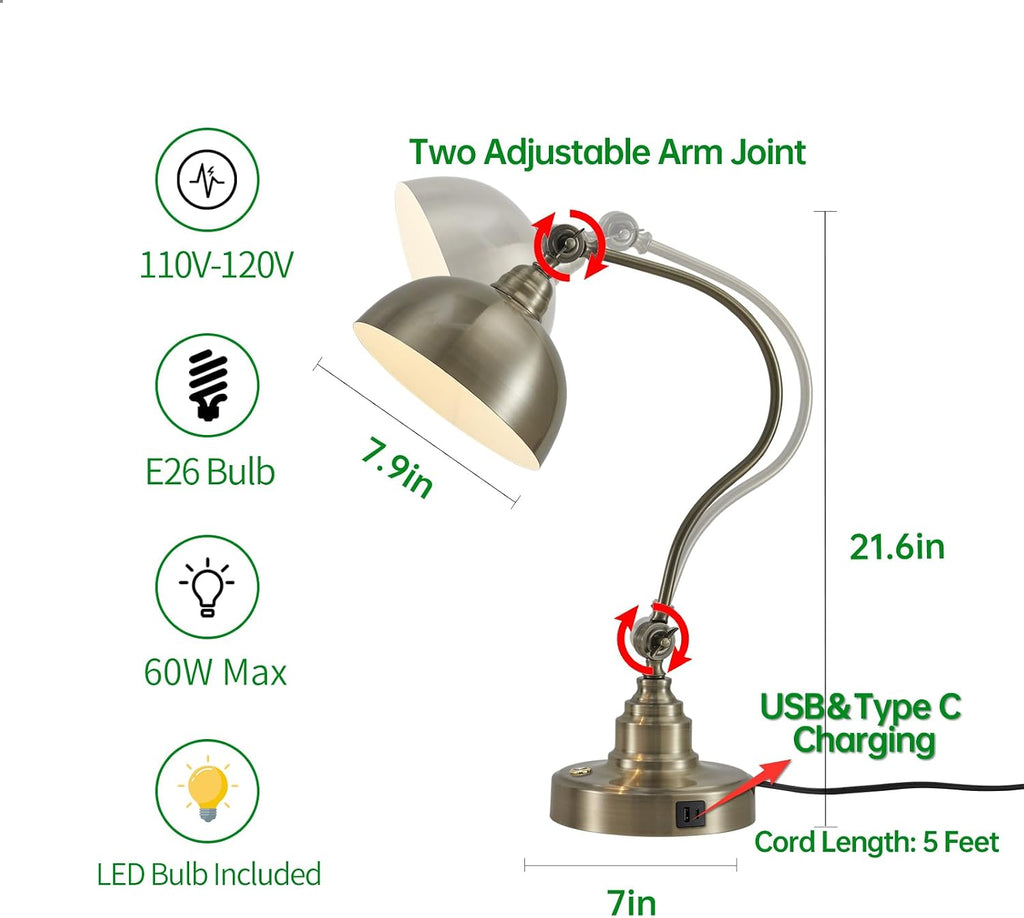 dimmable touch control antique brass desk lamp with showing dimensions