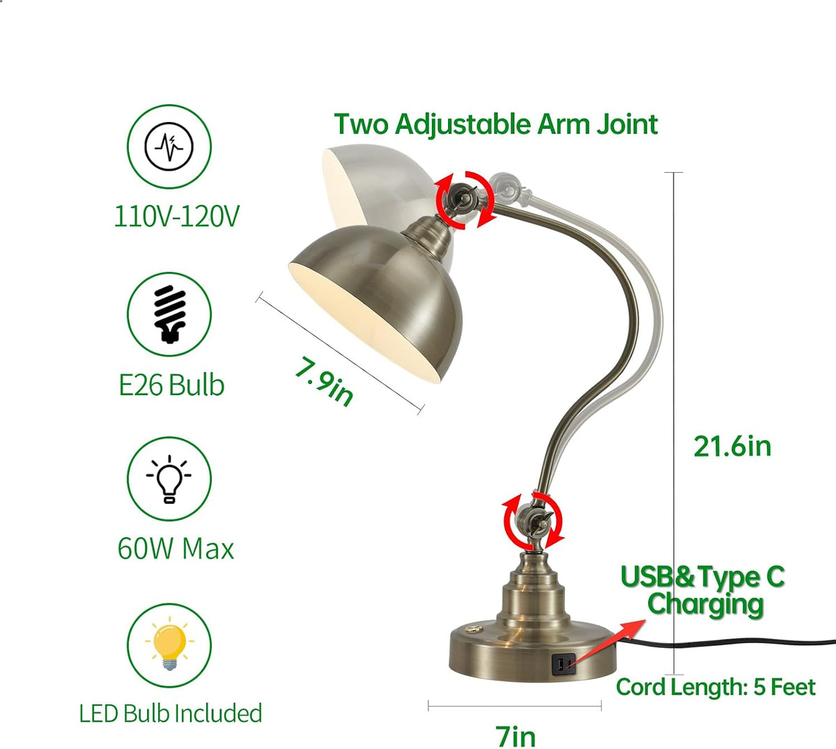 dimmable touch control antique brass desk lamp with showing dimensions