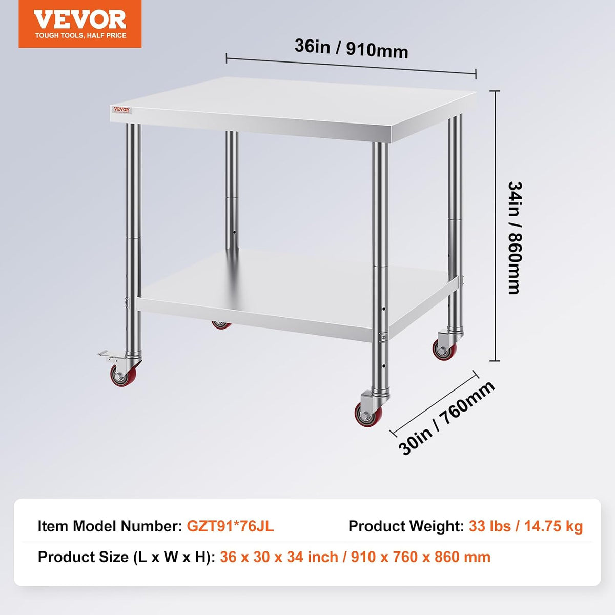 VEVOR Stainless Steel Work Table 36 x 30 x 34 Inch Food Prep Worktable