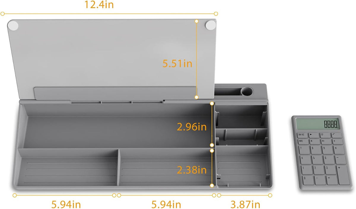 TOWON Glass Desk Whiteboard with Calculator 18x6 in, Desk Organizer, Gray