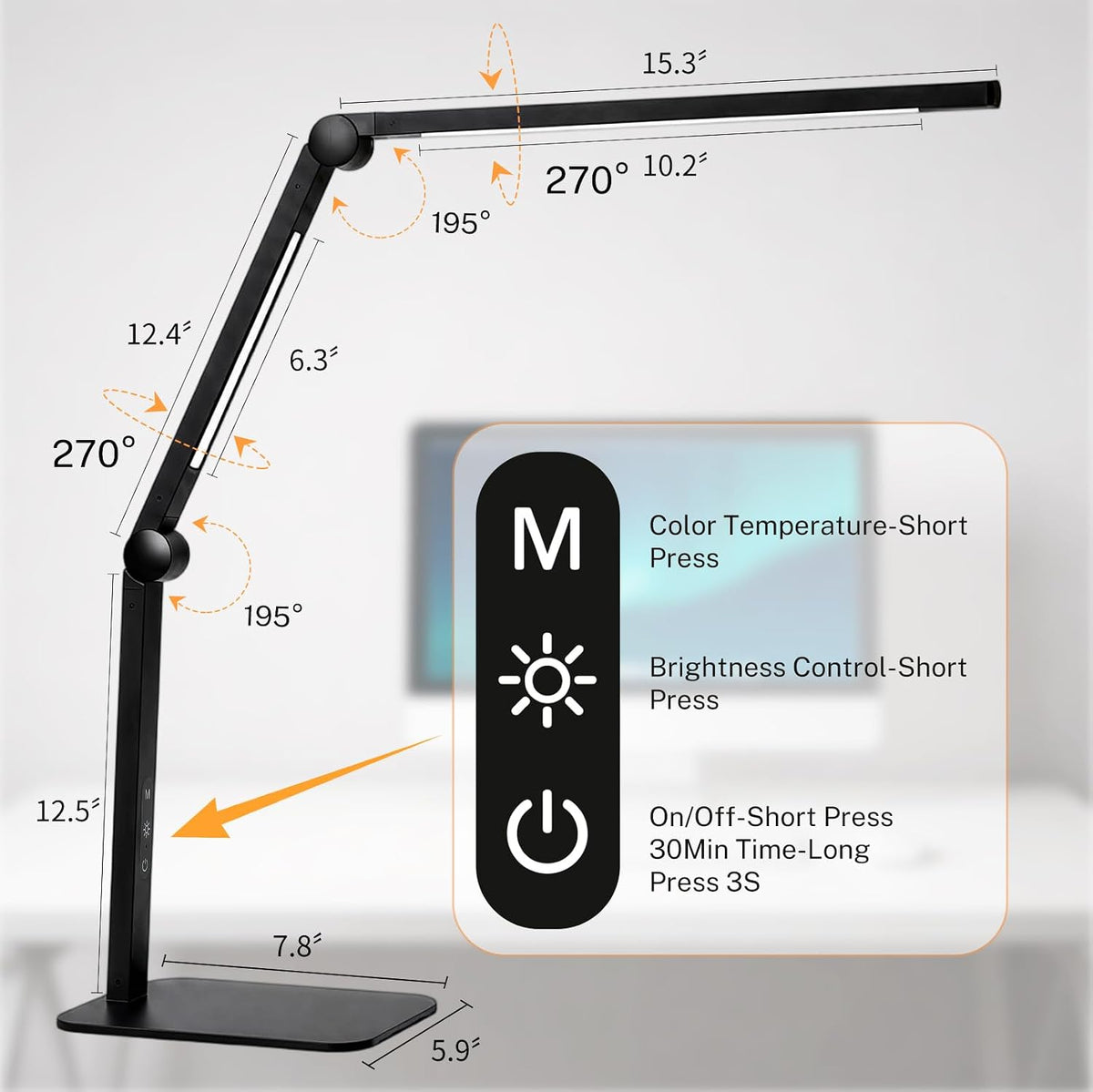 led desk lamp for home office with base showing dimensions