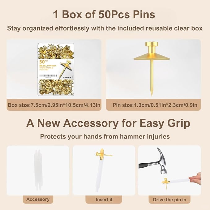50pcs Gold Thumb Tacks for Picture Hangers - Image 2