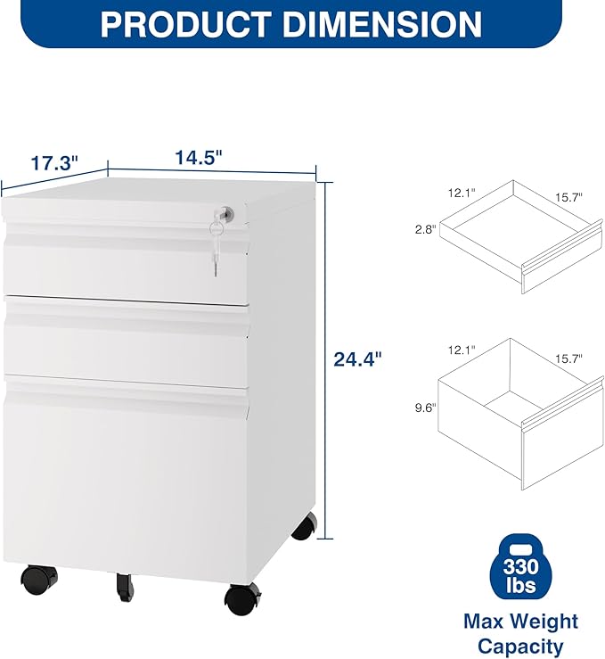 Fesbos 3 Drawer Mobile Metal File Cabinet, Pre-Built Office Storage File Cabinet - Image 2