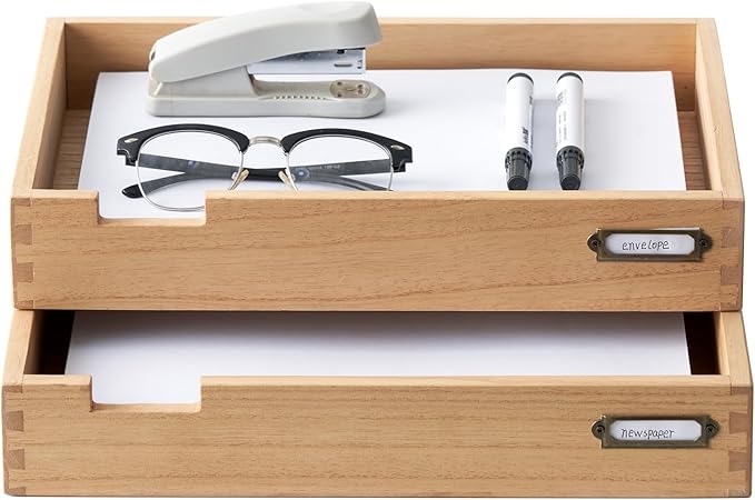KIRIGEN Wood Desk Organizer Set of 2 Stackable Paper Tray Desktop Document by KIRIGEN