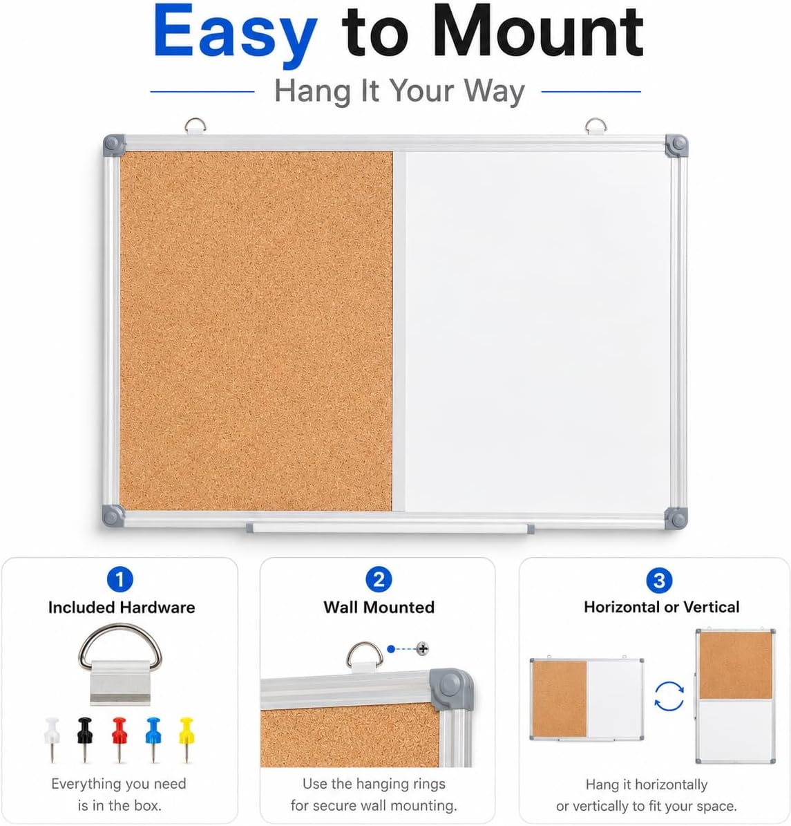 Cork Board and Magnetic Whiteboard Combination Board for Wall, 24" x 18&...