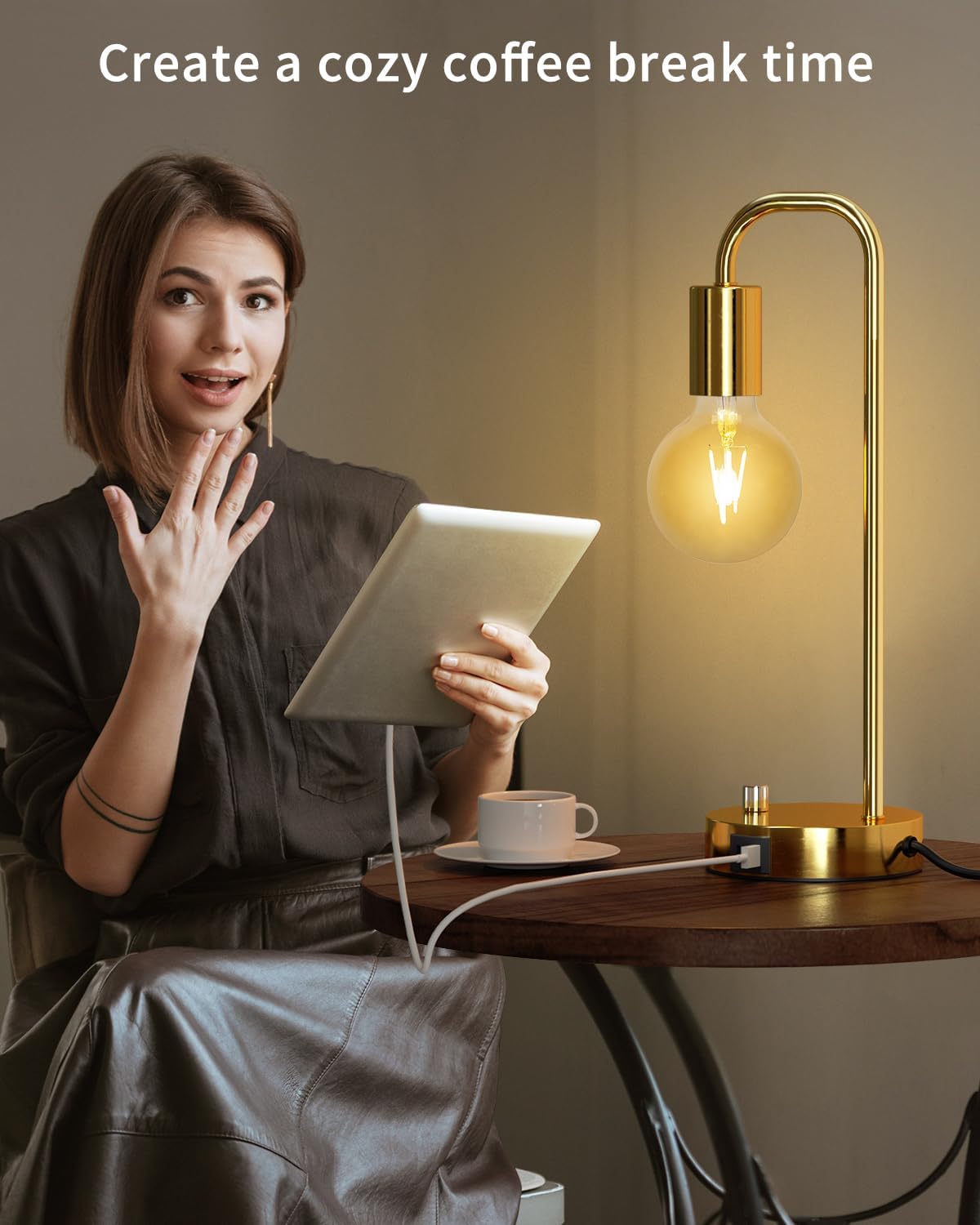 ONEWISH Industrial Table Lamp with 2 USB Port, Stepless Dimmable Nightstand B...