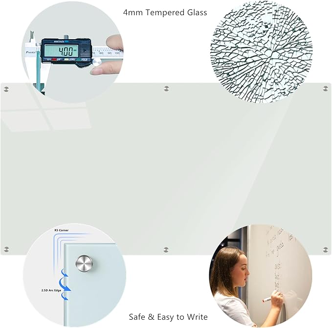 Glass Whiteboard 6' x 4', Magnetic Glass Dry Erase Board Frameless Wall Mounting - Image 3