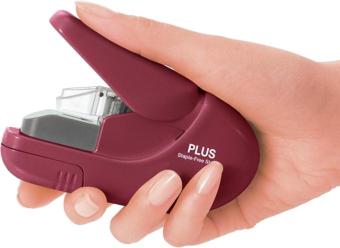 Plus Paper Clinch Compact Staple-Free Stapler, Burgundy Wine - Image 2