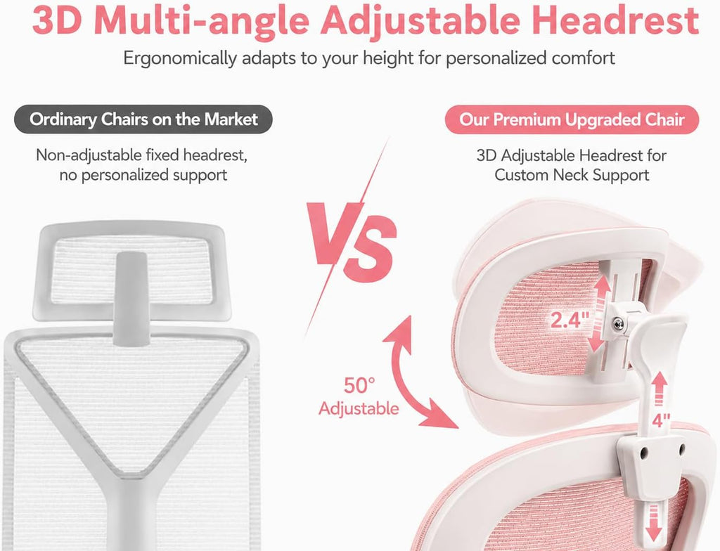 Ergonomic Office Chair with Adjustable Headrest & Lumbar Support, High Back Mesh Desk Chair, 400 LBS Capacity Swivel Computer Chair with Flip-Up Arms, Home Office Gaming Chair (Pink)